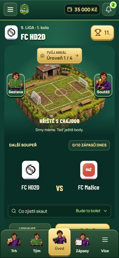 Úvod hry PRALES LEAGUE na telefonu: vlastní stadion a spodní navigace